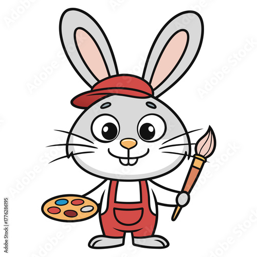 Cute cartoon rabbit artist with a palette and paintbrush ready to paint a masterpiece