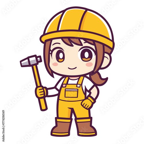 Adorable cartoon builder character in safety gear, proudly holding a hammer, embodying dedication and skilled work in a cheerful style