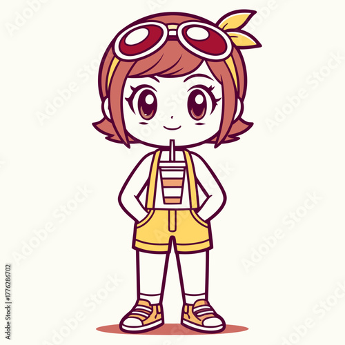 Charming cartoon girl enjoying a refreshing summer drink, dressed in casual warm-weather attire, perfect for a sunny day illustration or cheerful mascot design
