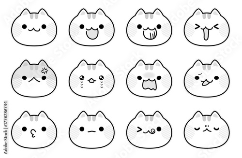 猫のモノクロ表情アイコンセット｜かわいい表情集のベクターイラスト