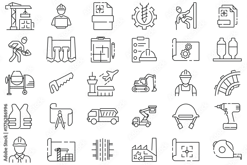 Fototapeta premium Civil engineering icon vector set. Icons for engineer, construction, drawing, mechanical engineering, contractor, machinery, structure, project, crane, building and more. Vector illustration.