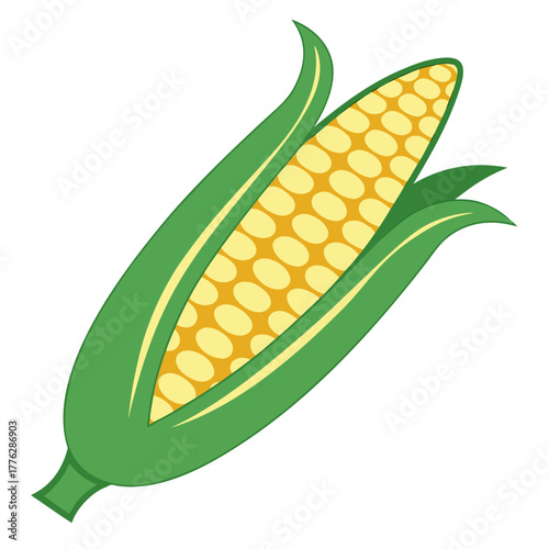 A simple cartoon illustration of a fresh ear of corn on the cob with vibrant green husks, representing harvest and healthy farm produce, isolated on a white background