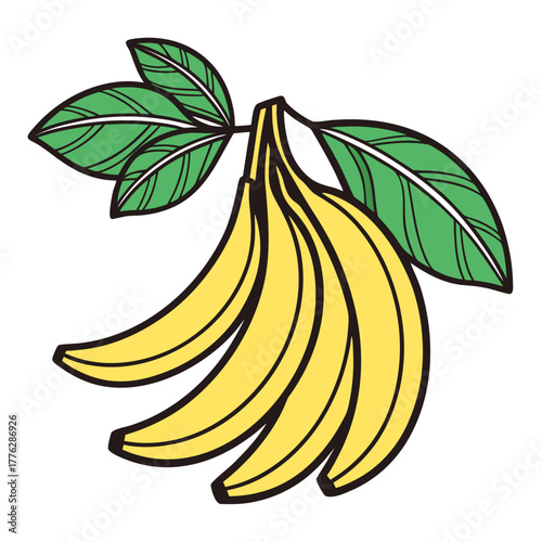 Vibrant yellow banana fruit bunch with fresh green leaves. An illustration embodying healthy and natural tropical food concepts. Ideal for designs promoting wholesome eating and nutritious produce