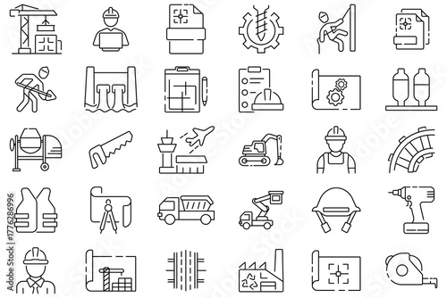 Civil engineering icon vector set. Icons for engineer, construction, drawing, mechanical engineering, contractor, machinery, structure, project, crane, building and more. Vector illustration.