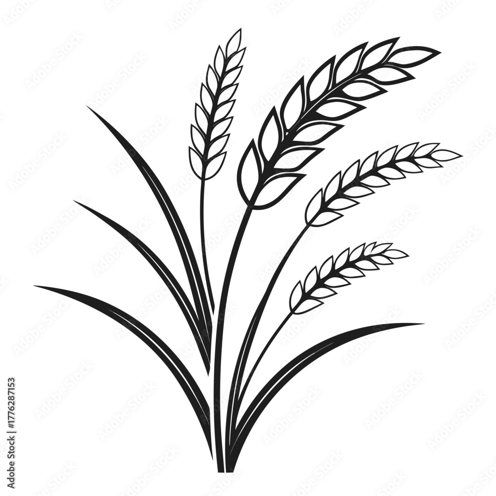 Naklejka premium Elegant Black and White Illustration of Wheat Stalks and Leaves A Nature-Inspired Design
