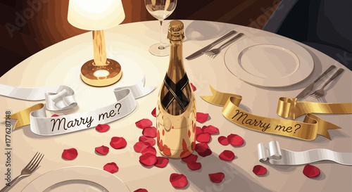 A romantic table for two, adorned with champagne, candles, and rose petals, ready for a proposal or special occasion