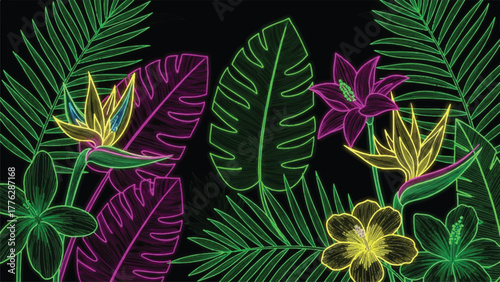 Vibrant Tropical Leaves and Exotic Flowers Illustration - A Colorful Botanical Design