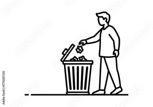 Person disposing of crumpled paper in a trash can icon. Vector