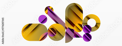 Abstract shapes overlap, creating dynamic composition. Gold, purple hues dominate minimalist design. Modern aesthetic.