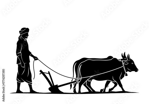 Side view black silhouette of Indian farmer guiding two cows plowing field concept for Farmers Day