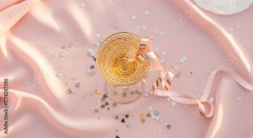 Elegant Celebration Toast with Bubbly Drink, Confetti, and Ribbon on a Soft Pink Silk Background