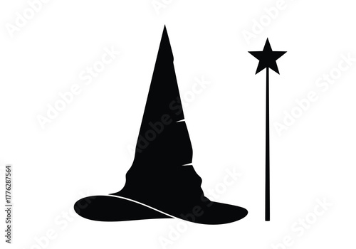 Witch hat and magic wand silhouette illustration vector Vector