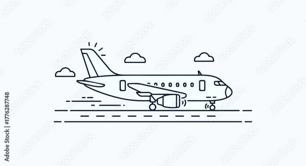 Fototapeta premium A minimalist line icon of an airplane taking off with sun rays and clouds in a simple, monochromatic style against a clean white background.