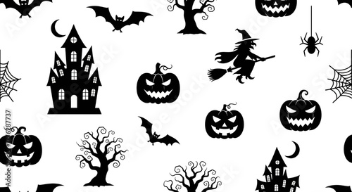 Halloween Themed Vector Graphics featuring Silhouetted Pumpkins, Bats, Haunted Houses, and a Witch on a Broomstick