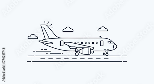 A minimalist line icon of an airplane taking off with sun rays and clouds in a simple, monochromatic style against a clean white background.