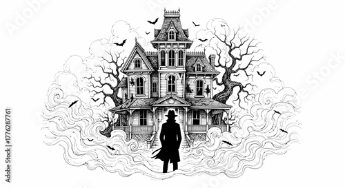 Eerie Haunted Mansion with a Solitary Figure in a Trench Coat, Surrounded by Mystical Fog and Bats