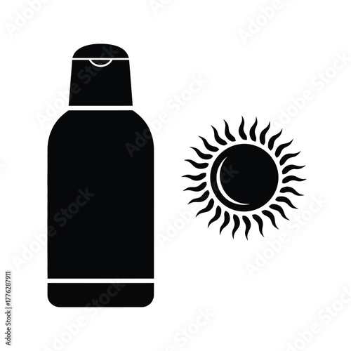 Sunscreen bottle and sun icon for summer protection. Vector