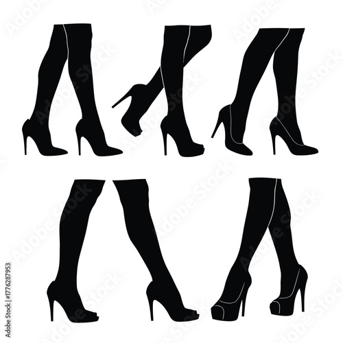 Collection of women's legs in high heels silhouettes Vector