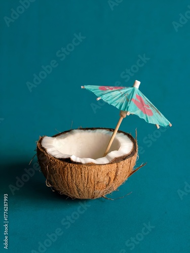 Half coconut with a blue cocktail umbrella on a turquoise background, showing a tropical vacation theme.
