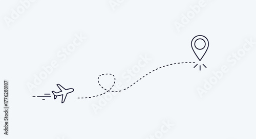 Line icon of an airplane flying along a dotted line to a location pin on a light gray background with a minimalist design style.