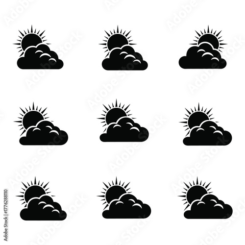 Black silhouette of sun and cloud weather symbol Vector