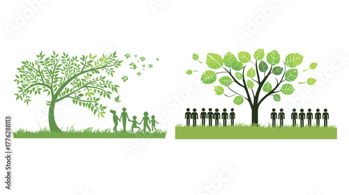 Green tree teamwork figures vector art illustration