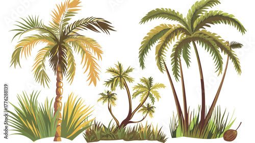 Vector illustration of palm tree and coconuts on white background