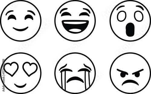 Set of six simple black and white hand drawn emoji faces expressing different emotions and feelings