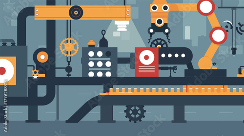Flat illustration of factory machines and conveyor system vector design