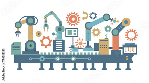 Flat illustration of factory machines and conveyor system vector design