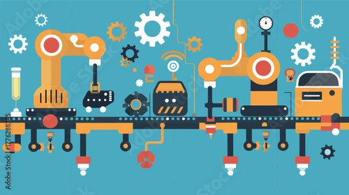 Flat illustration of factory machines and conveyor system vector design