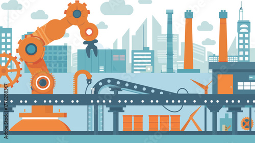 Flat illustration of factory machines and conveyor system vector design