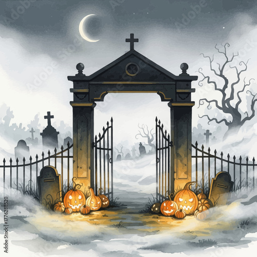 Spooky Halloween Cemetery Scene with Crescent Moon and Gnarled Tree