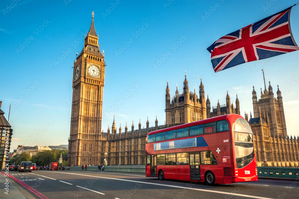 Obraz premium Iconic red double decker bus passing Big Ben under blue sky