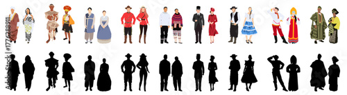 Vector flat style illustration of diverse people wearing traditional costumes, representing various cultures and heritage with silhouette.