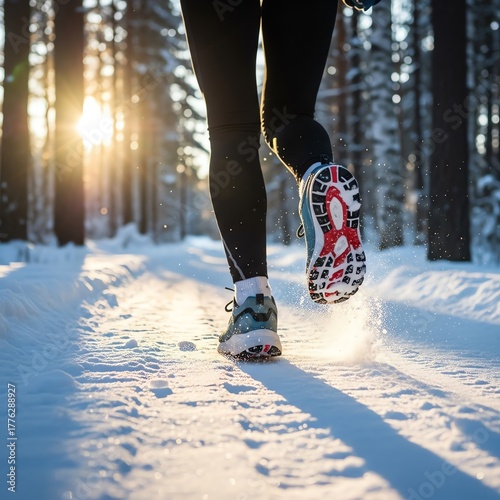Runner on snowy trail in winter forest