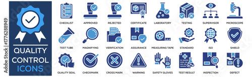 Quality Control icon collection set. Containing design Quality Badge, Inspection Checklist, Approved Stamp, Rejected Stamp, Quality Certificate