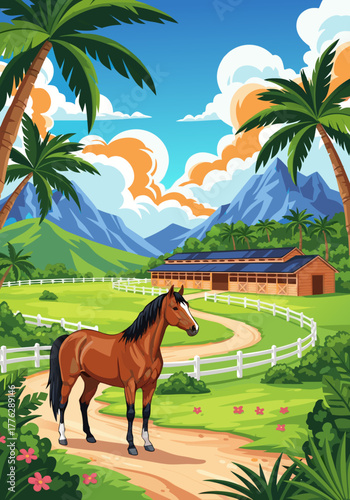 Beautiful brown horse standing in a sunny field with a stable and palm trees in the background, illustrating a serene rural landscape