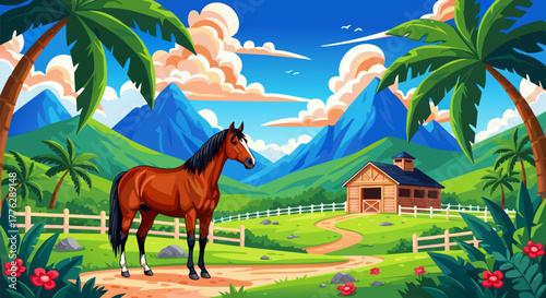 Majestic brown horse standing in a lush green valley with mountains and palm trees in the background