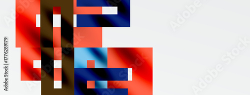 Abstract geometric shapes, vibrant colors dominate composition. Red, blue, brown hues blend, creating modern visual impact.