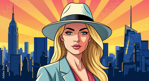 Confident woman in fedora and blazer, vivid graphic illustration against a dramatic city skyline at sunset, capturing urban sophistication and modern style