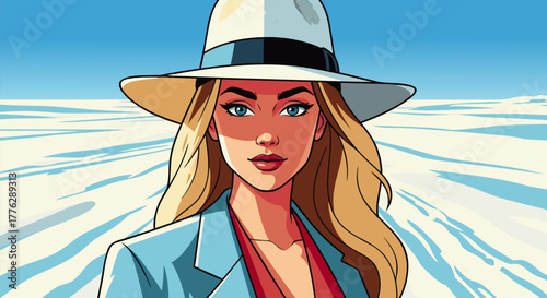 A striking digital illustration features an elegant blonde woman in a stylish hat and blue blazer, exuding confidence as she stands against a minimalist, sun-drenched, and expansive white landscape