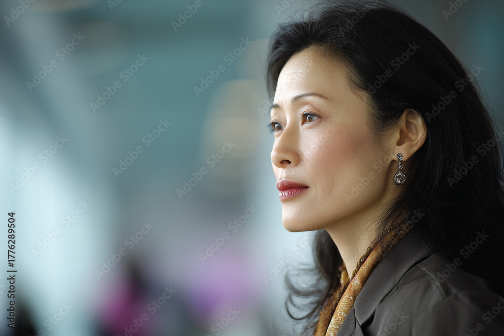 Obraz premium chinese, Side profile portrait of a business woman, 50 years old, office background with copyspace 