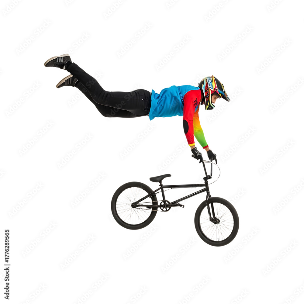 Obraz premium A bmx rider performing a trick in the air isolated on transparent background, showcasing skill and athleticism