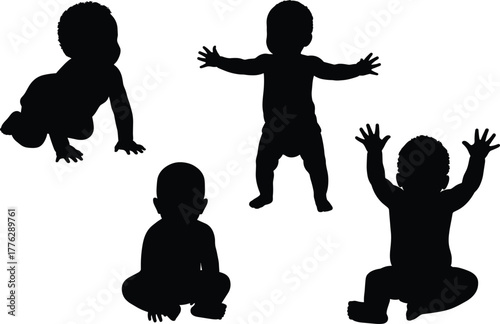 Baby silhouettes collection, crawling and sitting infants in various poses, black vector illustration of cute toddlers for family, childcare, and design use
