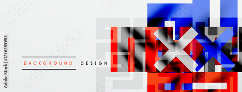 Abstract geometric design. Overlapping squares, rectangles create modern visual effect. Blue, red, gray tones dominate composition. Minimalist style.