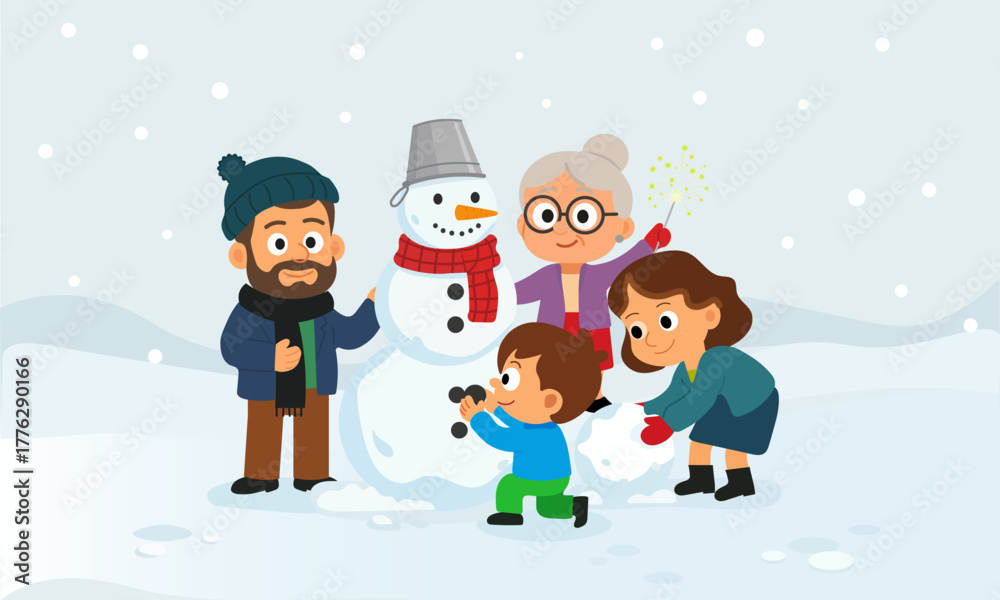 Naklejka premium Happy family building a snowman together during winter holidays. Cozy festive atmosphere, Christmas and New Year spirit.
