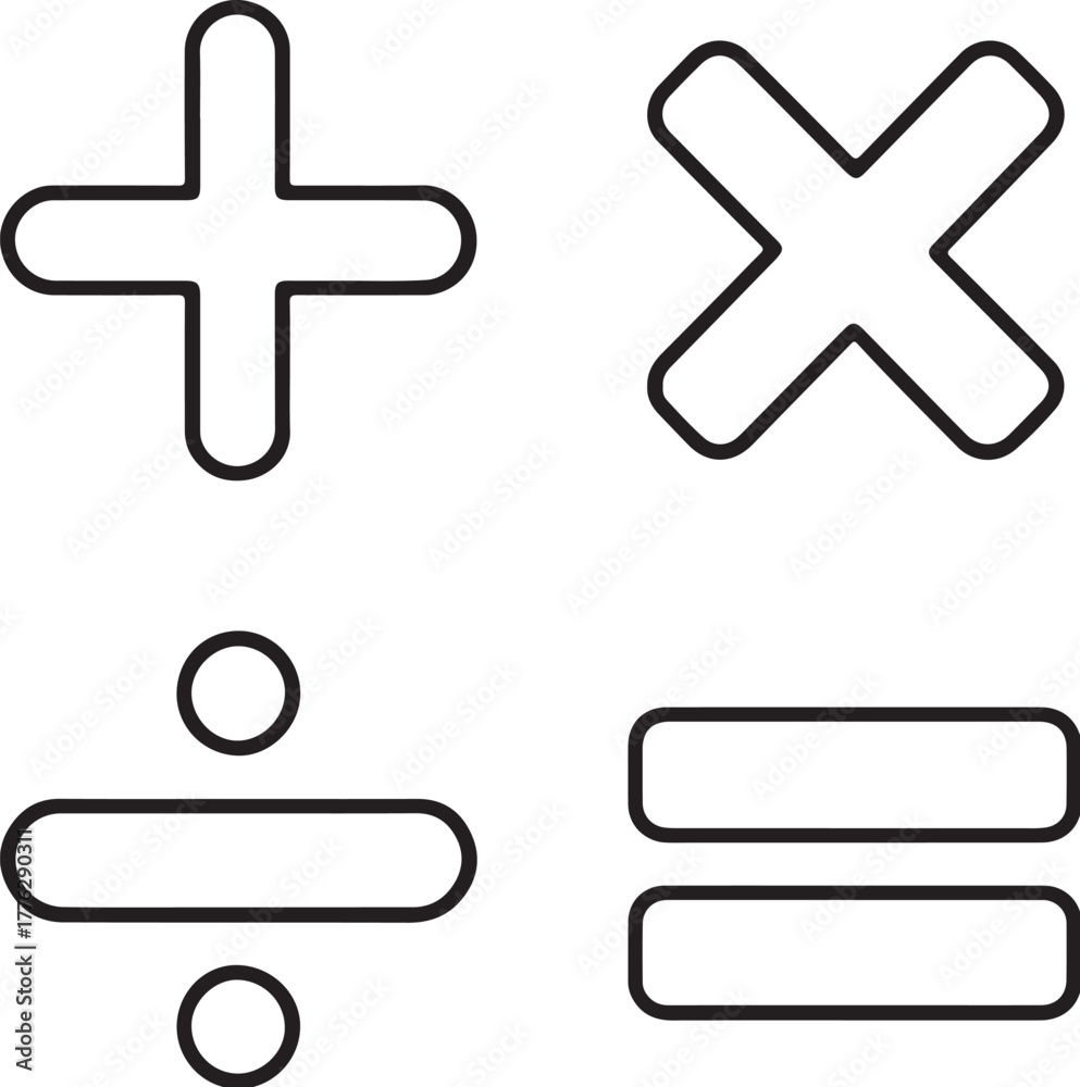 Obraz premium Mathematical Icons Plus, Multiplication, Division, and Equal Signs Black and White Vector Illustration.eps