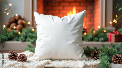 White blank square throw pillow mockup, cozy Christmas themed decor in background
