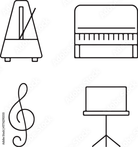 Musical Objects Metronome, Piano, Treble Clef, and Music Stand Black and White Vector Illustration.eps
